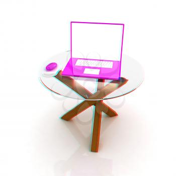pink laptop on an exclusive table on a white background. 3D illustration. Anaglyph. View with red/cyan glasses to see in 3D.