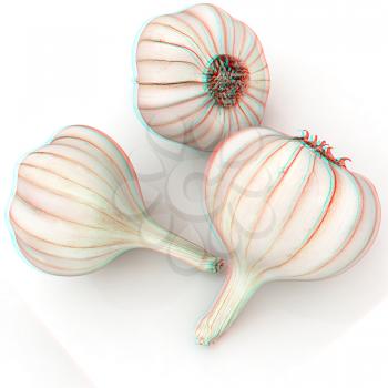 Head of garlic on a white background. 3D illustration. Anaglyph. View with red/cyan glasses to see in 3D.