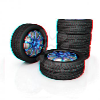 car wheel illustration on white background. 3D illustration. Anaglyph. View with red/cyan glasses to see in 3D.