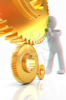 Gold gear set with 3d man on a white background. 3D illustration. Anaglyph. View with red/cyan glasses to see in 3D.