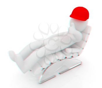 3d white man lying chair with thumb up on white background . 3D illustration. Anaglyph. View with red/cyan glasses to see in 3D.