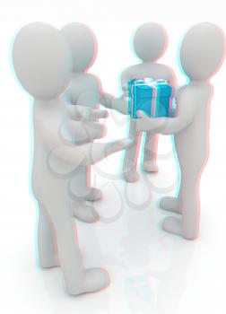 3d mans gives gifts on a white background. 3D illustration. Anaglyph. View with red/cyan glasses to see in 3D.