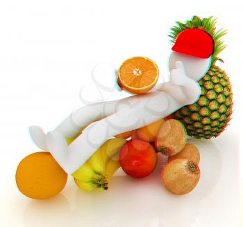 3d man with citrus on a white background. 3D illustration. Anaglyph. View with red/cyan glasses to see in 3D.