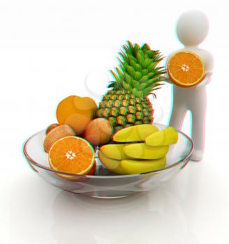 3d man with citrus on a white background. 3D illustration. Anaglyph. View with red/cyan glasses to see in 3D.