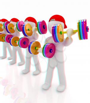 3d mans with colorfull dumbbells on a white background. 3D illustration. Anaglyph. View with red/cyan glasses to see in 3D.