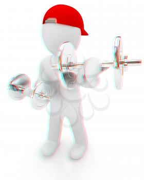 3d man with metal dumbbells on a white background. 3D illustration. Anaglyph. View with red/cyan glasses to see in 3D.