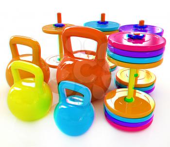 Colorful weights and dumbbells on a white background. 3D illustration. Anaglyph. View with red/cyan glasses to see in 3D.
