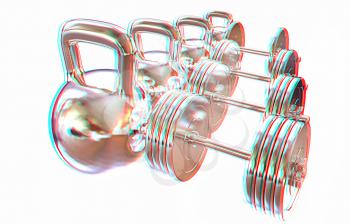 Metal weights and dumbbells on a white background. 3D illustration. Anaglyph. View with red/cyan glasses to see in 3D.