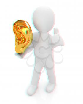 3d man with ear gold 3d render isolated on white background . 3D illustration. Anaglyph. View with red/cyan glasses to see in 3D.