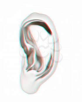 Ear metal 3d render isolated on white background . 3D illustration. Anaglyph. View with red/cyan glasses to see in 3D.