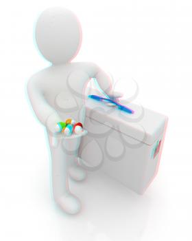 Doctor giving pills on a white background. 3D illustration. Anaglyph. View with red/cyan glasses to see in 3D.