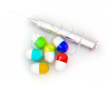 Pills and syringe on a white background. 3D illustration. Anaglyph. View with red/cyan glasses to see in 3D.