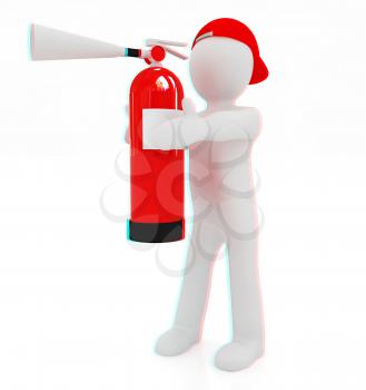 3d man with red fire extinguisher on a white background. 3D illustration. Anaglyph. View with red/cyan glasses to see in 3D.