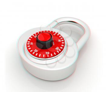 Illustration of security concept with chrome locked combination pad lock on a white background. 3D illustration. Anaglyph. View with red/cyan glasses to see in 3D.