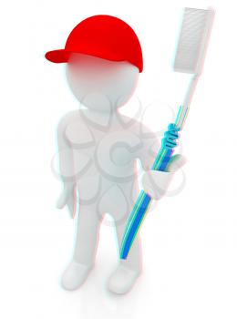 3d man with toothbrush on a white background . 3D illustration. Anaglyph. View with red/cyan glasses to see in 3D.