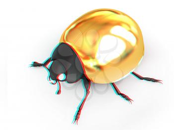golden beetle on a white background. 3D illustration. Anaglyph. View with red/cyan glasses to see in 3D.