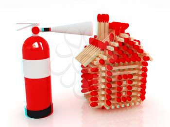 Red fire extinguisher and log house from matches pattern on white . 3D illustration. Anaglyph. View with red/cyan glasses to see in 3D.