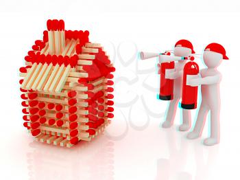 3d man with red fire extinguisher and log houses from matches pattern on white . 3D illustration. Anaglyph. View with red/cyan glasses to see in 3D.