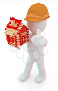 3d architect man in a hard hat with thumb up with log house from matches pattern. 3d image. Isolated on white background. . 3D illustration. Anaglyph. View with red/cyan glasses to see in 3D.