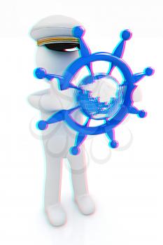 Sailor with steering wheel and earth. Trip around the world concept on a white background. 3D illustration. Anaglyph. View with red/cyan glasses to see in 3D.