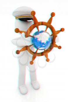 Sailor with wood steering wheel and earth. Trip around the world concept on a white background. 3D illustration. Anaglyph. View with red/cyan glasses to see in 3D.