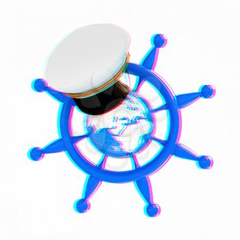 Steering wheel with Earth, and marine cap . Trip around the world concept on a white background. 3D illustration. Anaglyph. View with red/cyan glasses to see in 3D.