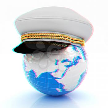 Marine cap on Earth on a white background. 3D illustration. Anaglyph. View with red/cyan glasses to see in 3D.