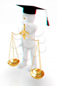 3d man - magistrate with gold scales. Isolated over white . 3D illustration. Anaglyph. View with red/cyan glasses to see in 3D.