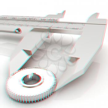 Vernier caliper measures the cogwheel on a white background. 3D illustration. Anaglyph. View with red/cyan glasses to see in 3D.
