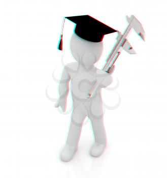 3d man in graduation hat with vernier caliper on a white background. 3D illustration. Anaglyph. View with red/cyan glasses to see in 3D.