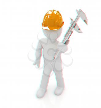 3d man engineer in hard hat with vernier caliper on a white background. 3D illustration. Anaglyph. View with red/cyan glasses to see in 3D.