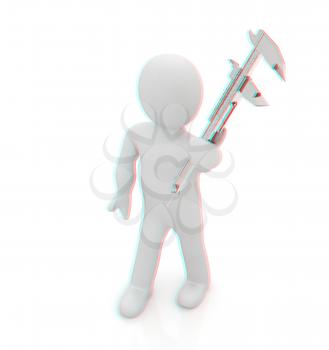 3d man with vernier caliper on a white background. 3D illustration. Anaglyph. View with red/cyan glasses to see in 3D.