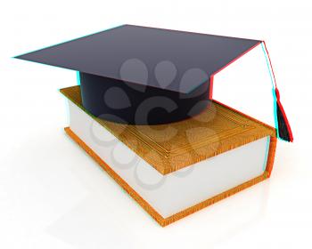 Graduation hat on a leather book on a white background. 3D illustration. Anaglyph. View with red/cyan glasses to see in 3D.