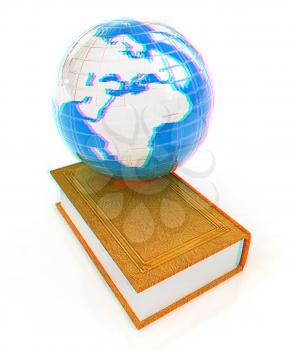 leather real book and Earth. 3D illustration. Anaglyph. View with red/cyan glasses to see in 3D.
