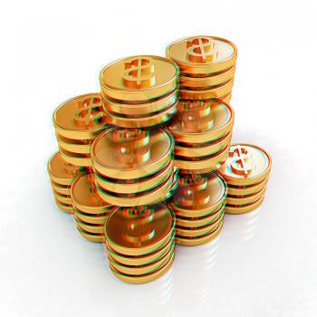 Gold dollar coin stack isolated on white . 3D illustration. Anaglyph. View with red/cyan glasses to see in 3D.