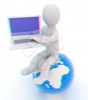 3d man sitting on earth and working at his laptop on a white background. 3D illustration. Anaglyph. View with red/cyan glasses to see in 3D.