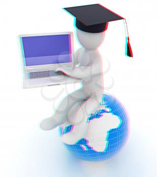 3d man in graduation hat sitting on earth and working at his laptop on a white background. 3D illustration. Anaglyph. View with red/cyan glasses to see in 3D.