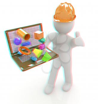 3D small people - an engineer with the laptop presents 3D capabilities on a white background. 3D illustration. Anaglyph. View with red/cyan glasses to see in 3D.