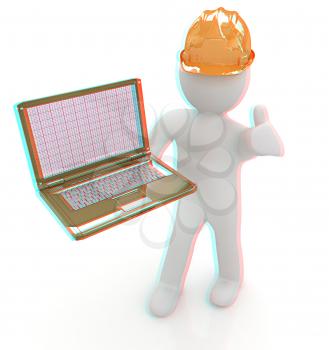 3D small people - an engineer with the laptop on a white background. 3D illustration. Anaglyph. View with red/cyan glasses to see in 3D.