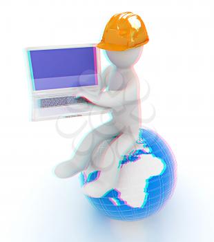 3d man in a hard hat sitting on earth and working at his laptop on a white background. 3D illustration. Anaglyph. View with red/cyan glasses to see in 3D.