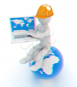 3d man in a hard hat sitting on earth and working at his laptop on a white background. 3D illustration. Anaglyph. View with red/cyan glasses to see in 3D.