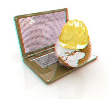 Hard hat and earth on a laptop on a white background. 3D illustration. Anaglyph. View with red/cyan glasses to see in 3D.