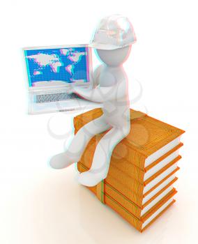 3d man in hard hat sitting on books and working at his laptop on a white background. 3D illustration. Anaglyph. View with red/cyan glasses to see in 3D.