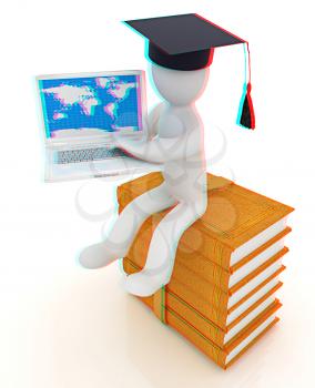 3d man in graduation hat sitting on books and working at his laptop on a white background. 3D illustration. Anaglyph. View with red/cyan glasses to see in 3D.