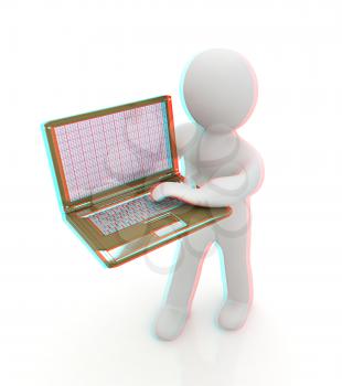 3d man with laptop on a white background. 3D illustration. Anaglyph. View with red/cyan glasses to see in 3D.