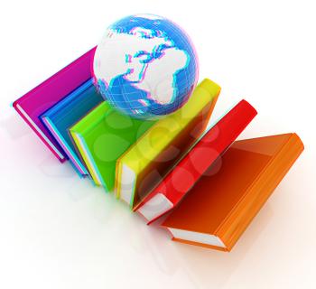 Colorful books and earth on a white background. 3D illustration. Anaglyph. View with red/cyan glasses to see in 3D.