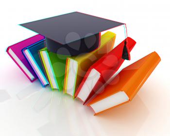 Colorful books and graduation hat on a white background. 3D illustration. Anaglyph. View with red/cyan glasses to see in 3D.