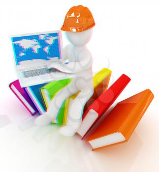 3d man in hard hat sitting on books and working at his laptop on a white background. 3D illustration. Anaglyph. View with red/cyan glasses to see in 3D.
