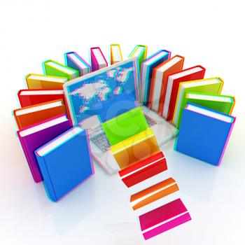 Colorful books flying and laptop on a white background. 3D illustration. Anaglyph. View with red/cyan glasses to see in 3D.