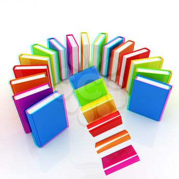 Colorful books flying on a white background. 3D illustration. Anaglyph. View with red/cyan glasses to see in 3D.